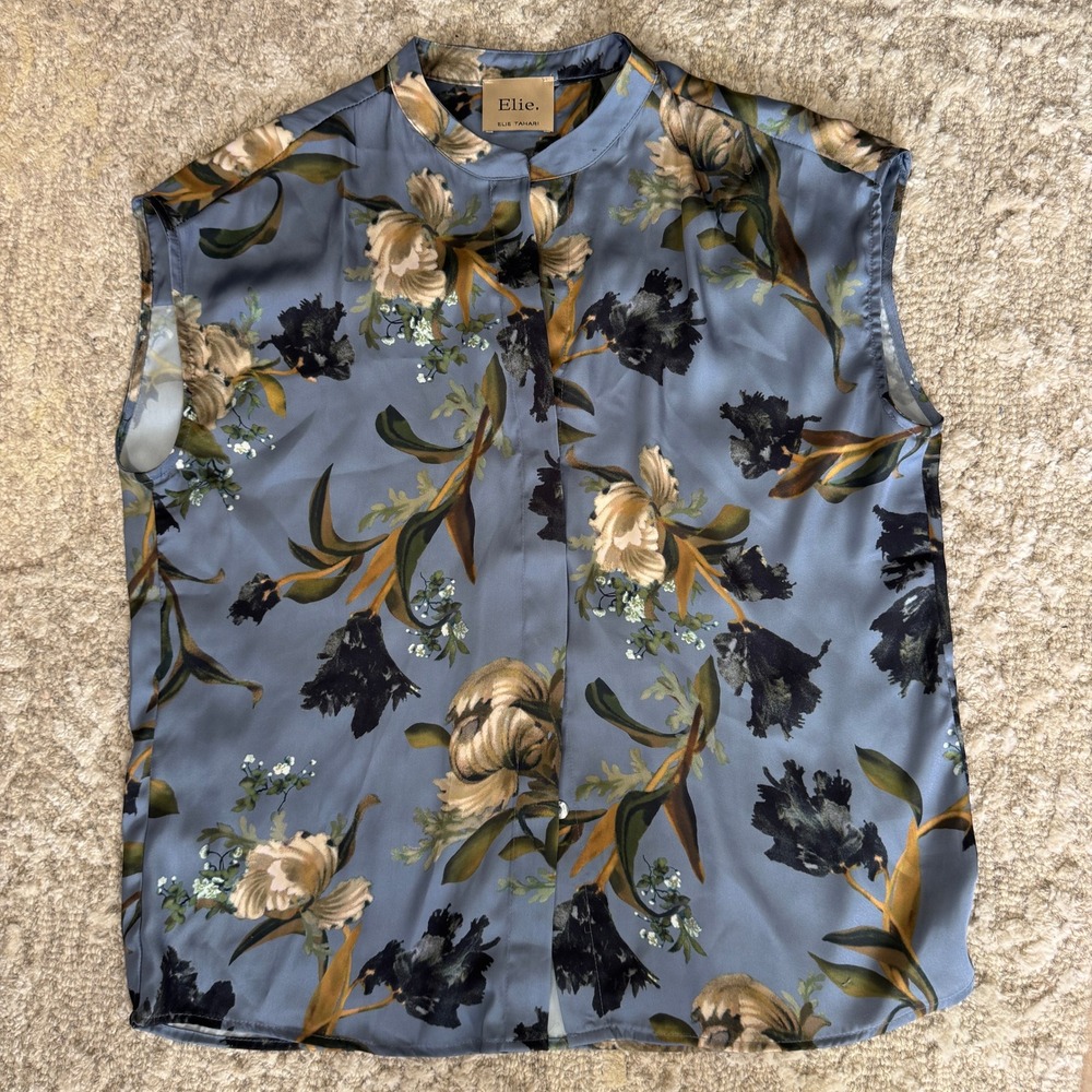 Elie Tahari Womens Floral Sleeveless Blouse Size M Blue Satin Mandarin Collar